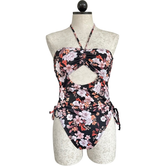 Shade & Shore Halter Keyhole Cut Out Back One Piece Swimsuit Black Floral Size M - Picture 6 of 16